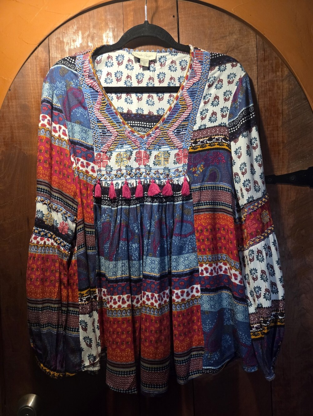Boho Patchwork V-Neck Tassel Peasant Top - Multicolor